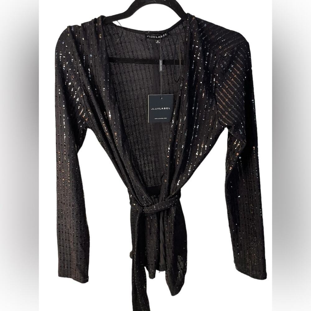 JLUXLABEL Black Sequined Belted Cardigan Medium NWT